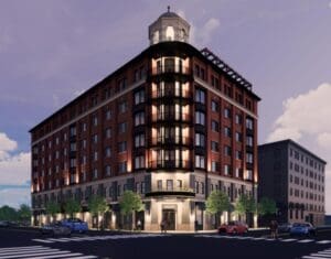 A rendering of the hotel that is being built.